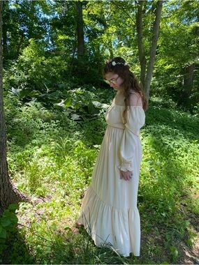 Elegant Off-Shoulder Cream Maxi Dress with Smocked Bodice